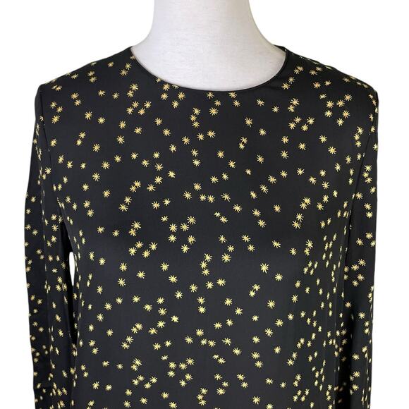 Theory Black & Yellow Star Print Silk Long Sleeve Flare Mini Dress - Picture 6 of 14